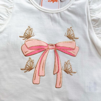 Conj. Blusa Laço com Borboletas e Short Saia - Off White e Rose